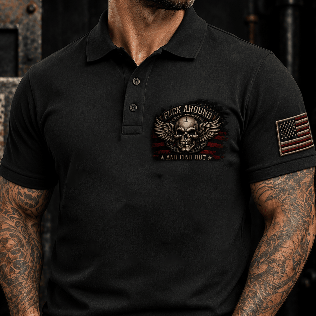 Fuck Around and Find Out Printed Polo Shirt Skull Wings Patriotic American Flag Graphic Funny Biker Gift for Men Veteran Motorcycle Rider