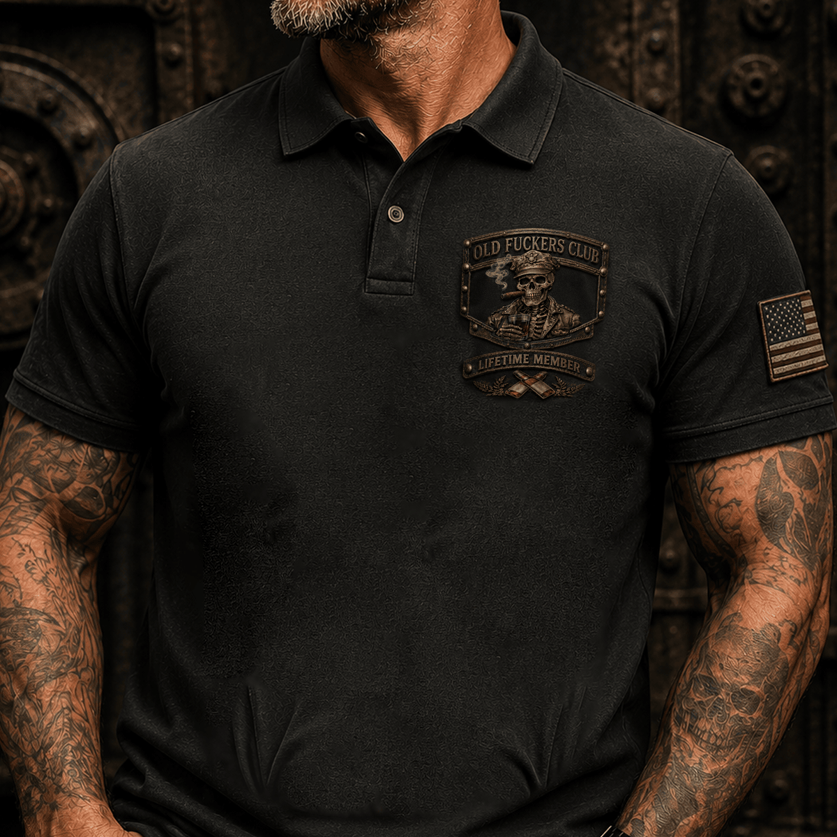 Old Fuckers Club Lifetime Member Printed Polo Shirt for Men, Vintage Skull Graphic Polo, Patriotic Casual Shirt, Funny Dad Gift