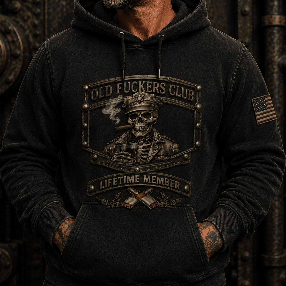 Old Fuckers Club Lifetime Member Printed Hoodie for Men, Vintage Skull Graphic Pullover, Patriotic Gift for Dad, Gothic Hooded Sweat Top