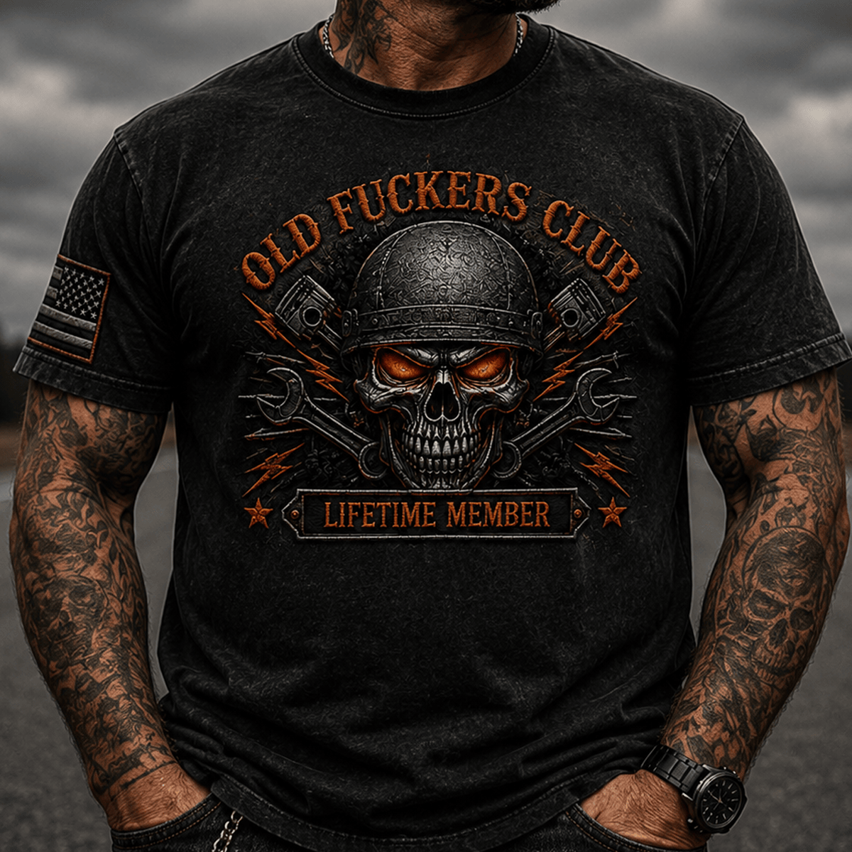 Old Fuckers Club Lifetime Member Printed Mechanic Skull T Shirt for Men, Vintage Graphic Tee, Wrench Skull Design, Funny Dad Gift