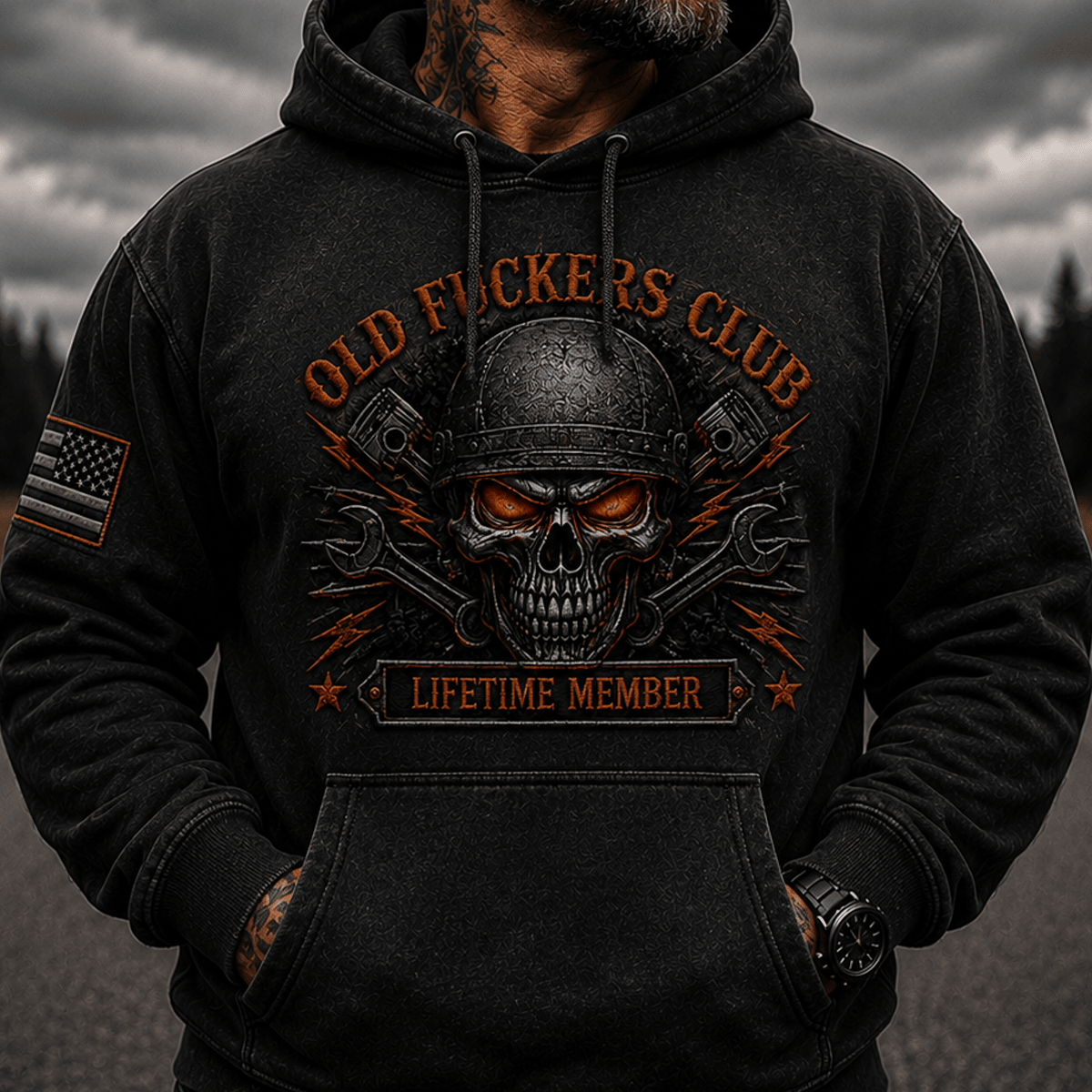Old Fuckers Club Lifetime Member Printed Mechanic Skull Hoodie for Men, Vintage Graphic Hooded Sweatshirt, Wrench Design, Funny Dad Gift