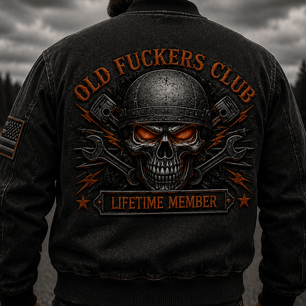 Old Fuckers Club Lifetime Member Printed Mechanic Skull Bomber Jacket for Men, Vintage Wrench Graphic Coat, Funny Gift for Dad and Grandpa