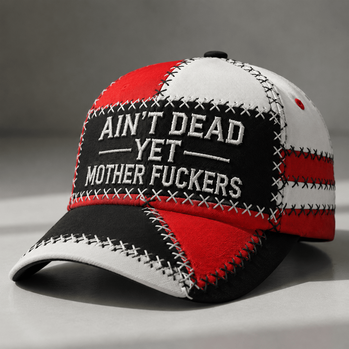 Ain't Dead Yet Mother Fuckers Printed Patchwork Skull Cap for Men, Vintage Trucker Hat, Funny Veteran Gift, Patriotic Baseball Cap