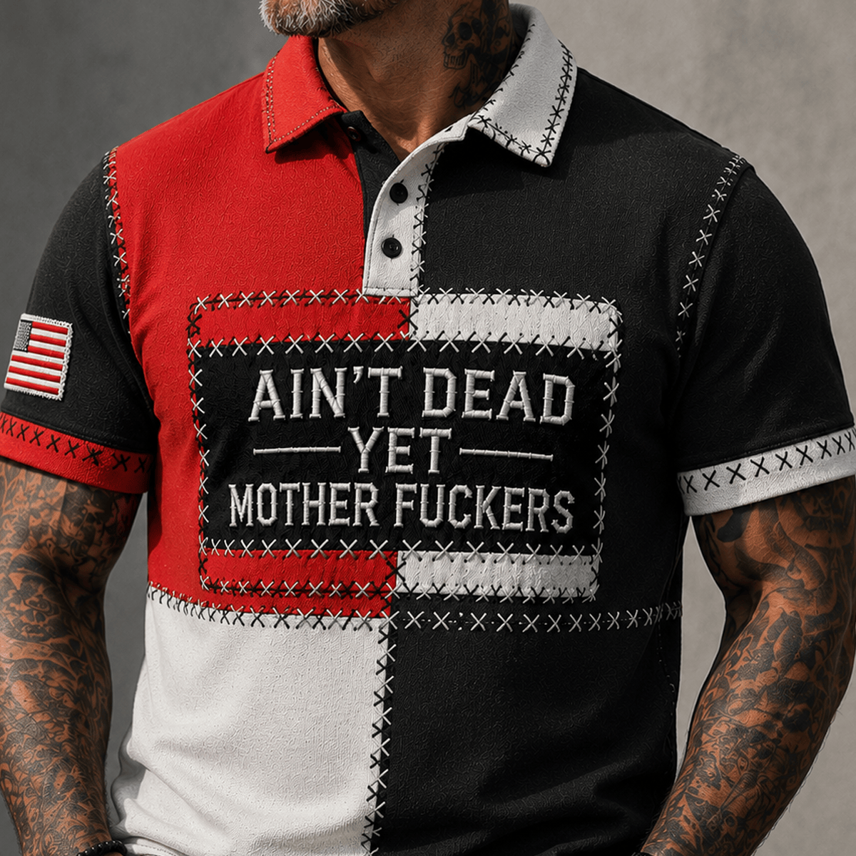 Ain't Dead Yet Mother Fuckers Printed Patchwork Polo Shirt for Men, Funny Graphic Polo, Patriotic Veteran Gift, Casual Golf Alternative