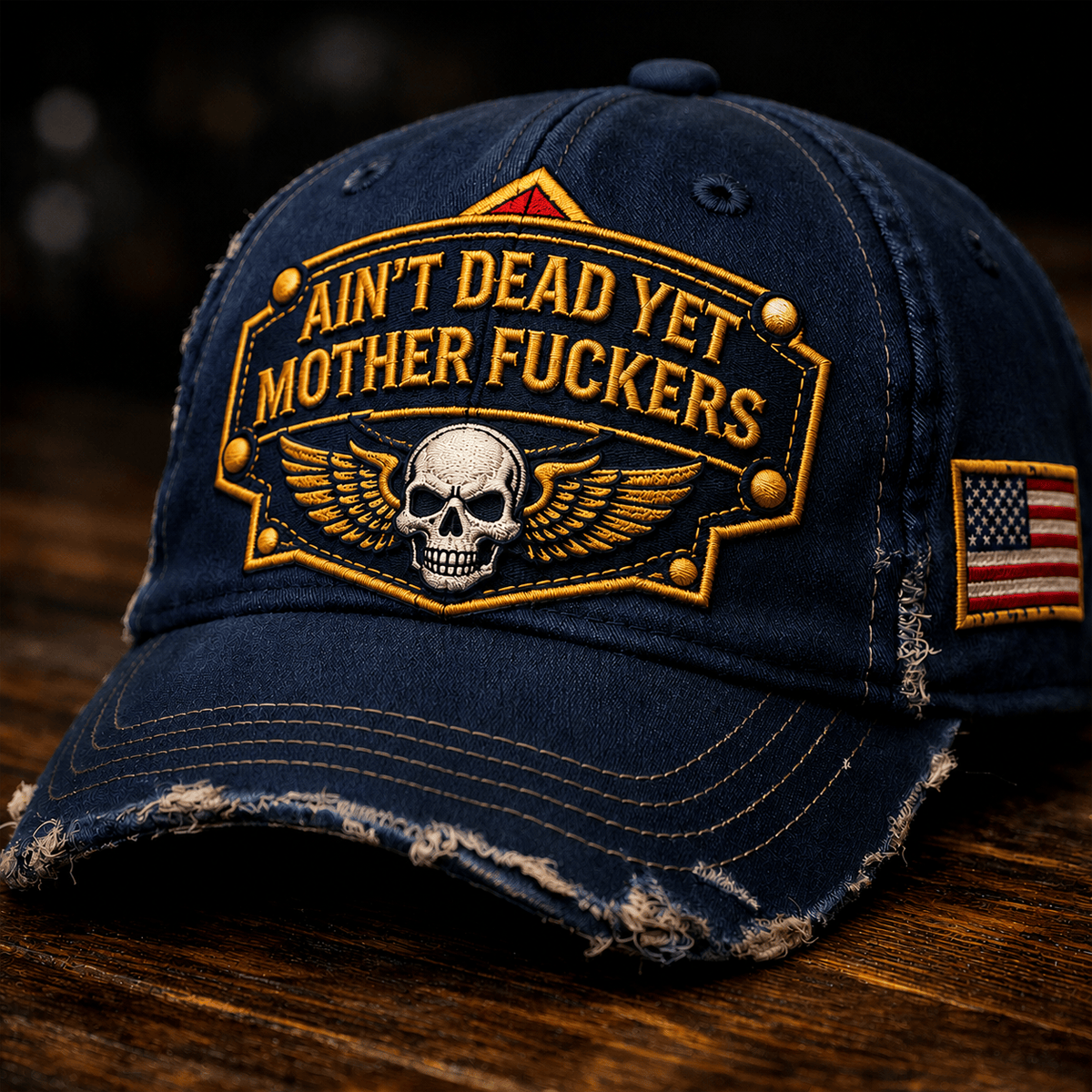 Ain't Dead Yet Mother Fuckers Printed Vintage Trucker Cap Skull Wing Graphic Baseball Cap Distressed Gift for Men Women USA Veteran