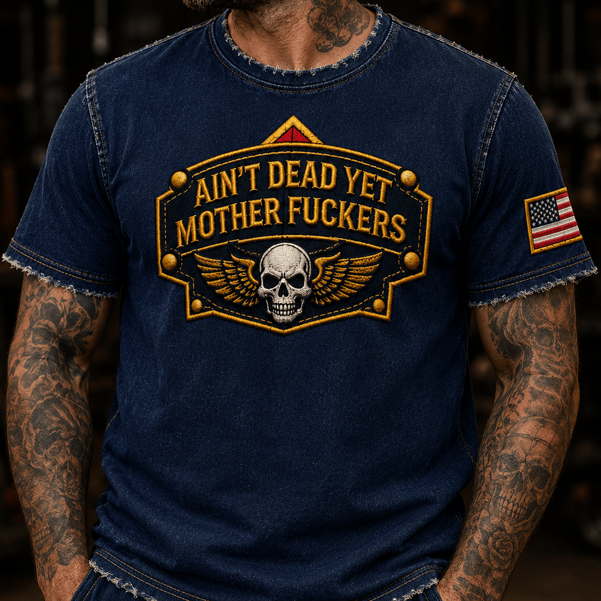 Ain't Dead Yet Mother Fuckers Printed Vintage Skull Wing T Shirt Graphic Tee Funny Gift for Men Women Biker Veteran Birthday Present