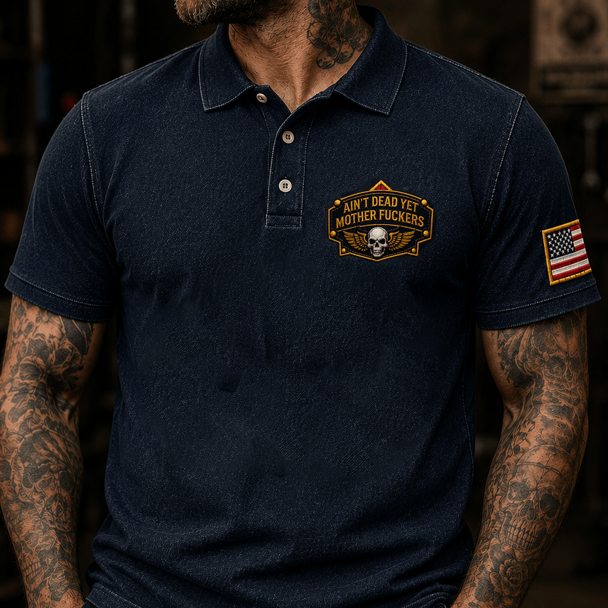 Ain't Dead Yet Mother Fuckers Printed Vintage Skull Wing Polo Shirt Graphic Polo Gift for Men Women Biker Motorcycle Rider Present