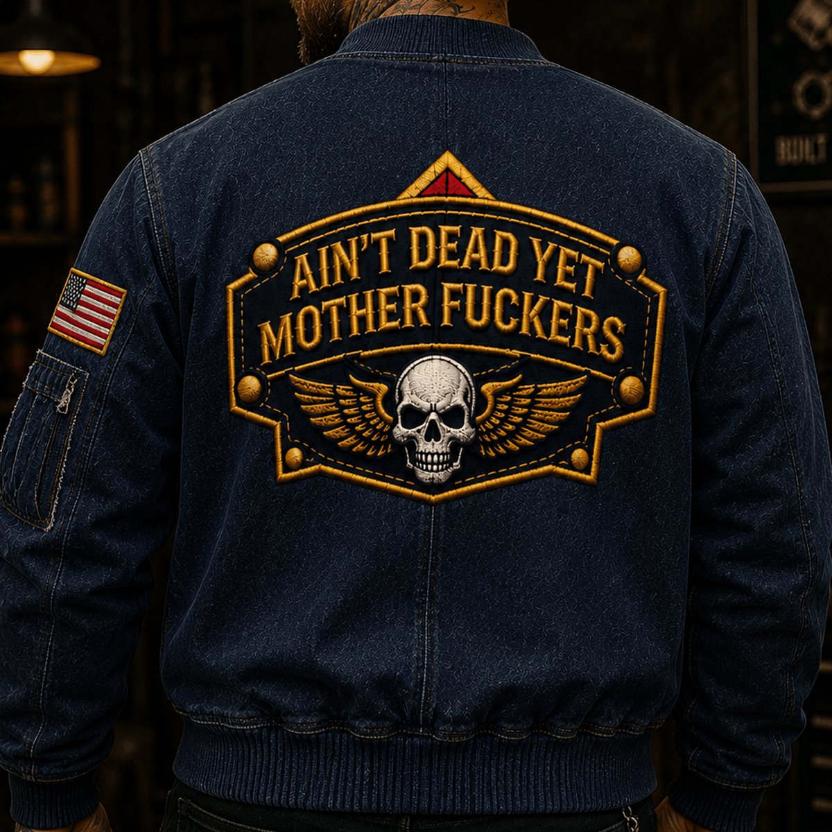 Ain't Dead Yet Mother Fuckers Printed Vintage Skull Wing Bomber Jacket Graphic Zip Coat Gift for Men Women Biker Motorcycle Rider