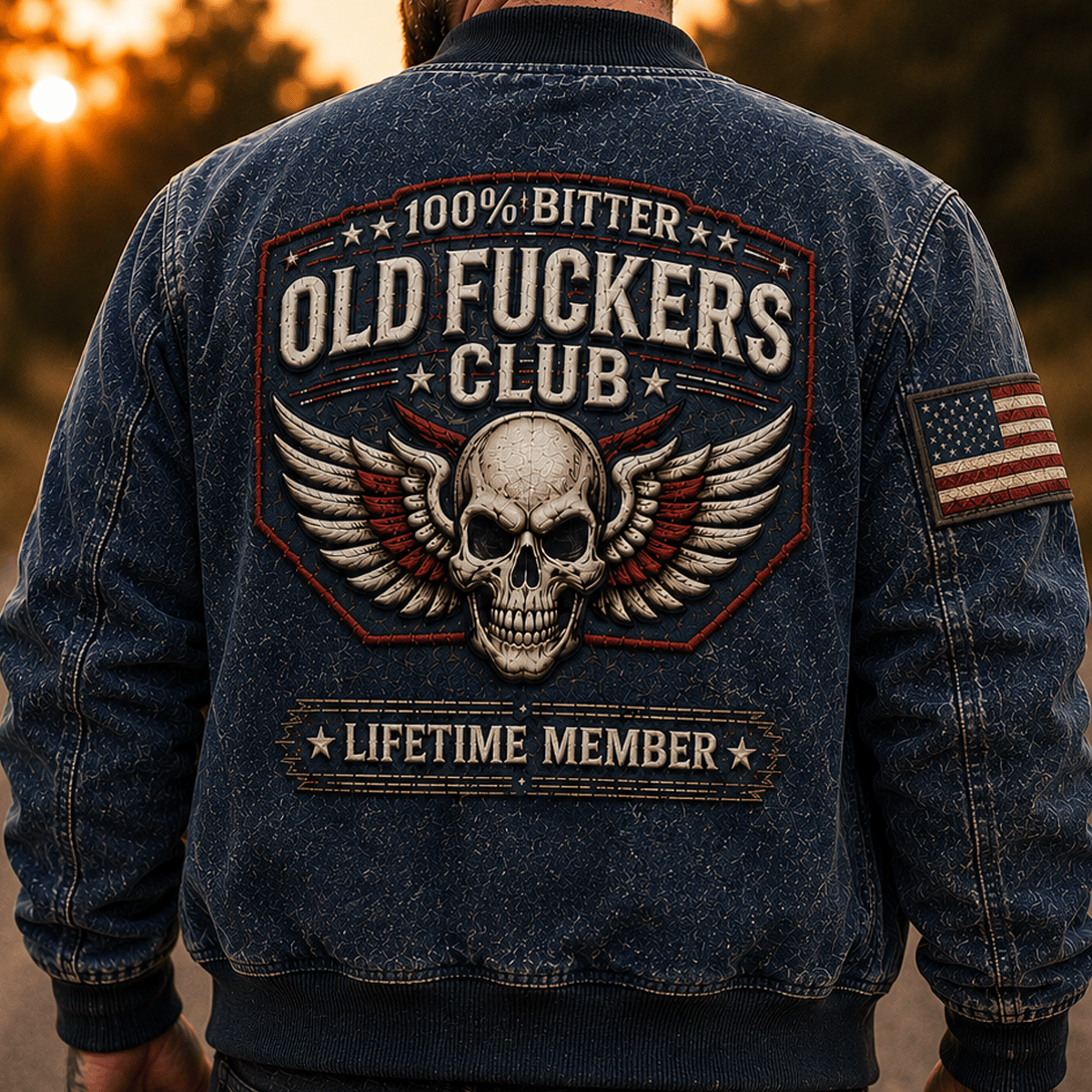 Old Fuckers Club Lifetime Member Printed Vintage Skull Wing Bomber Jacket Bitter Graphic Zip Jacket Patriotic Gift for Men Women Biker Rider