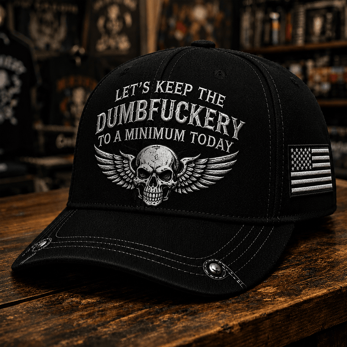 Let's Keep The Dumbfuckery To A Minimum Today Printed Skull Wing Baseball Cap Funny Trucker Hat Patriotic Gift for Men Women USA Veteran
