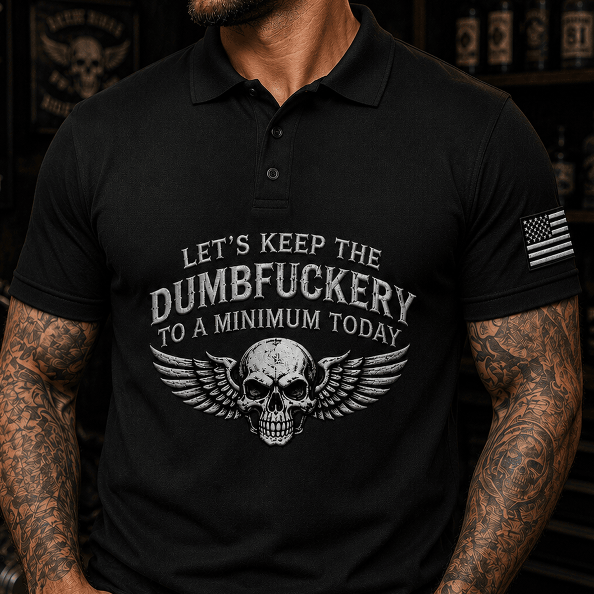 Let's Keep The Dumbfuckery To A Minimum Today Printed Skull Wing Polo Shirt Funny Graphic Golf Style Tee Patriotic Gift for Men Women