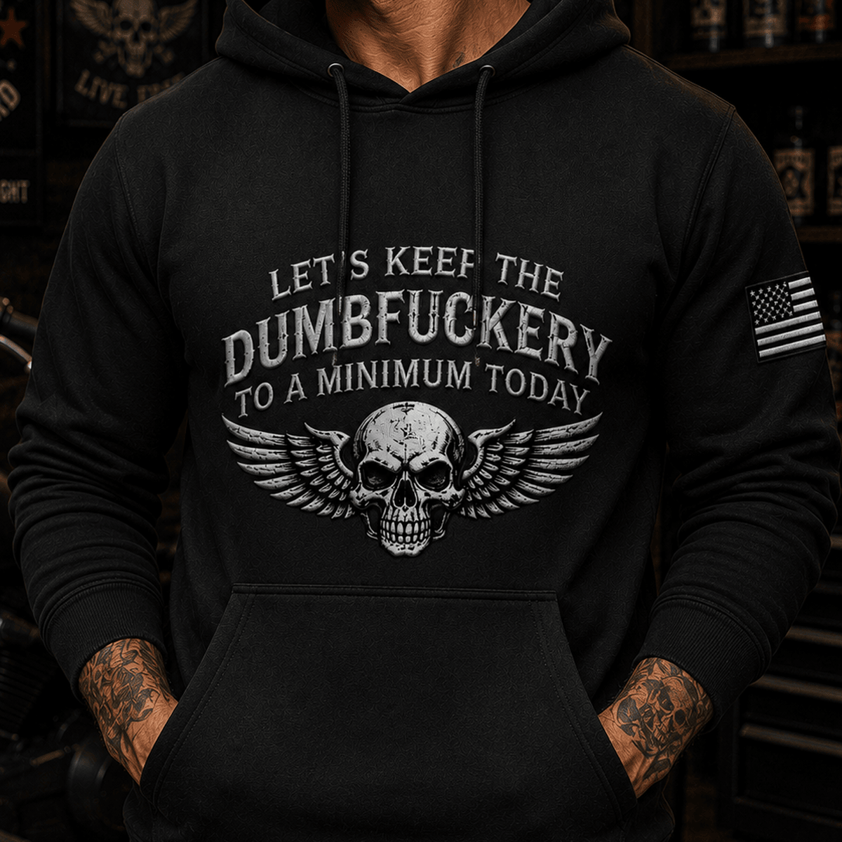Let's Keep The Dumbfuckery To A Minimum Today Printed Skull Wing Hoodie Funny Graphic Hooded Pullover Patriotic Gift for Men Women Biker