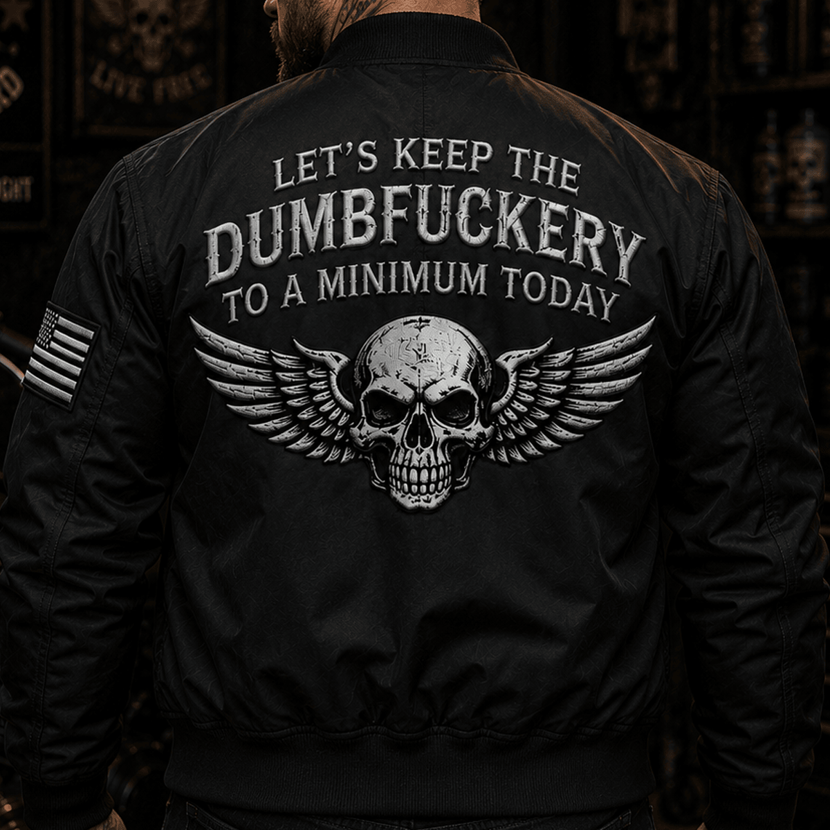 Let's Keep The Dumbfuckery To A Minimum Today Printed Skull Wing Bomber Jacket Funny Graphic Zip Jacket Patriotic Gift for Men Women Biker