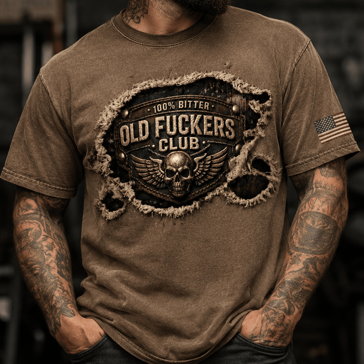 Bitter Old Fuckers Club Printed Skull Wing T Shirt Funny Vintage Graphic Tee Patriotic Gift for Men Dad Grandpa Biker Rider