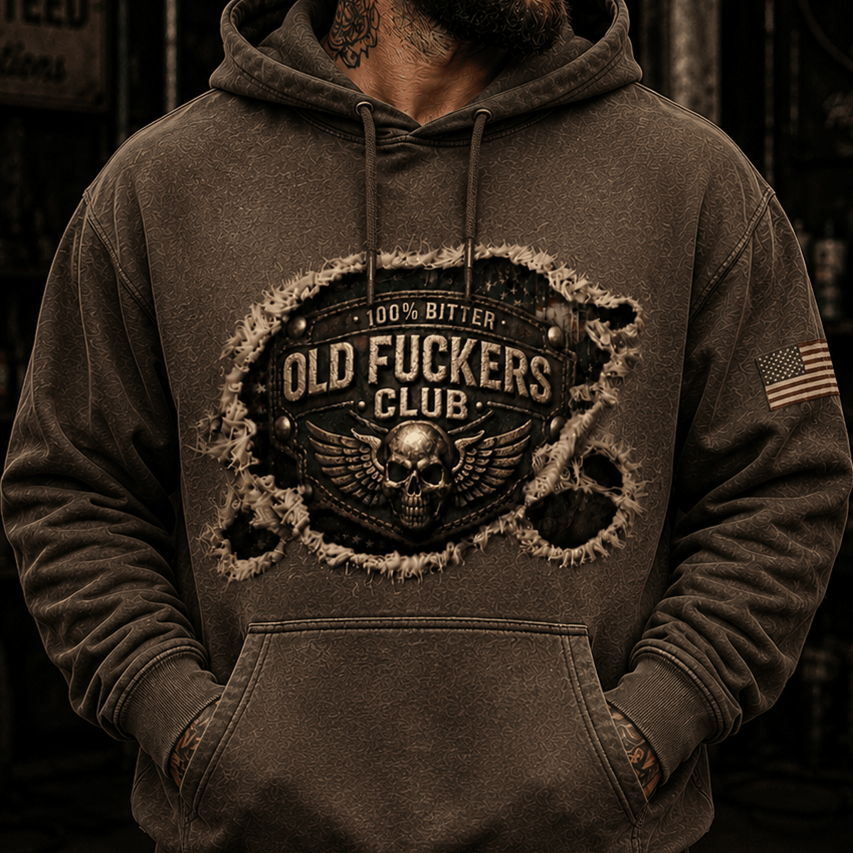 Bitter Old Fuckers Club Printed Skull Wing Hoodie Funny Vintage Hooded Pullover Patriotic Gift for Men Dad Grandpa Biker Rider