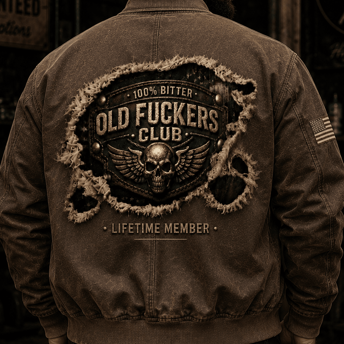 Bitter Old Fuckers Club Printed Skull Wing Bomber Jacket Funny Vintage Zip Jacket Patriotic Gift for Men Dad Grandpa Biker Rider