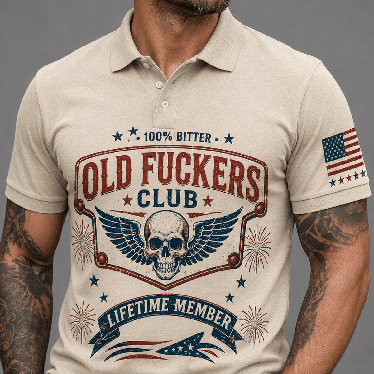 Bitter Old Fuckers Club Lifetime Member Skull Wings Printed Polo Shirt for Men American Flag Funny Gift for Dad Grandpa Husband