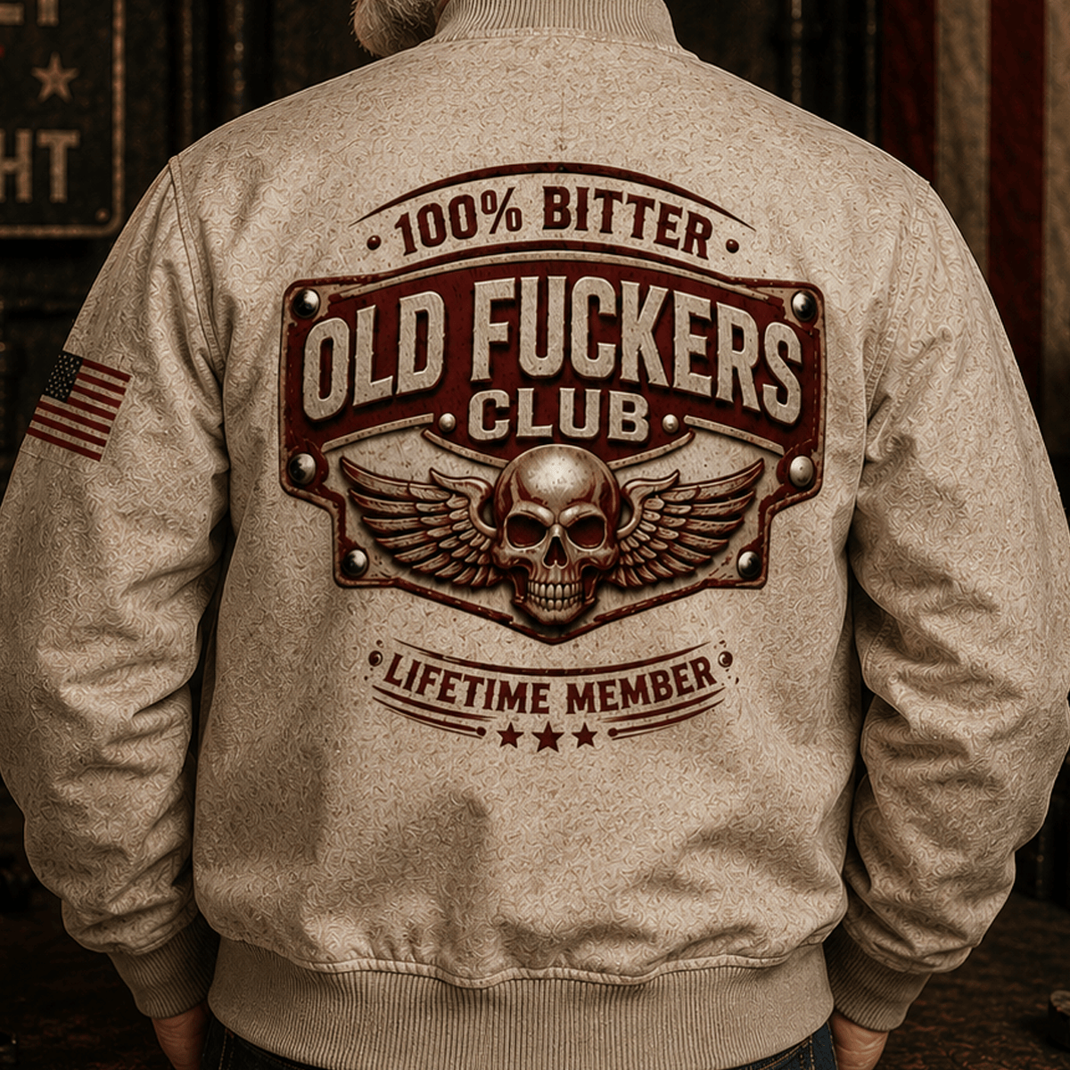 Bitter Old Fuckers Club Lifetime Member Printed Skull Wing Bomber Jacket Funny Gift for Dad Grandpa Husband Father's Day Gift