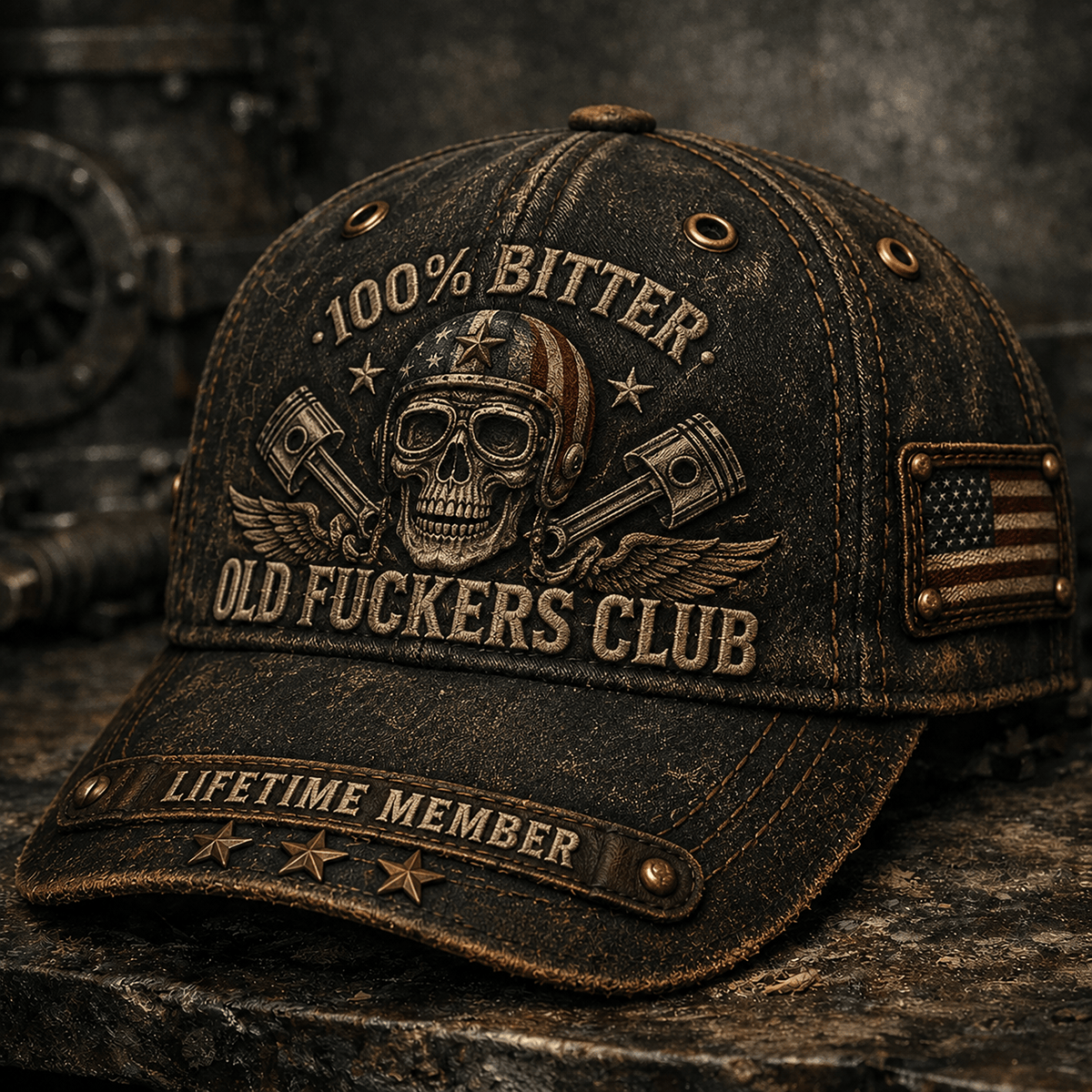 Bitter Old Fuckers Club Lifetime Member Printed Vintage Trucker Cap Skull Helmet Piston Wings Biker Hat Gift for Dad Grandpa Motorcycle Rider