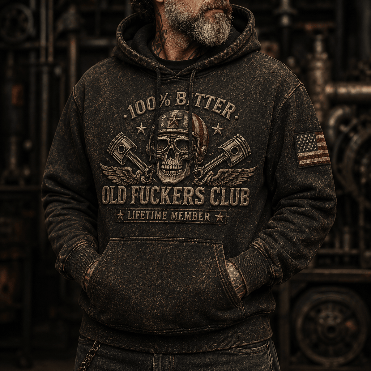 Bitter Old Fuckers Club Lifetime Member Printed Hoodie Skull Helmet Piston Wings Graphic Hooded Pullover Biker Gift for Dad Grandpa Motorcycle Rider