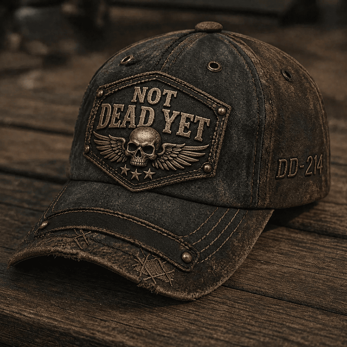 Not Dead Yet Printed Vintage Trucker Cap DD 214 Skull Wings Veteran Graphic Hat Gift for Veteran Dad Grandpa Military Retired Service Member