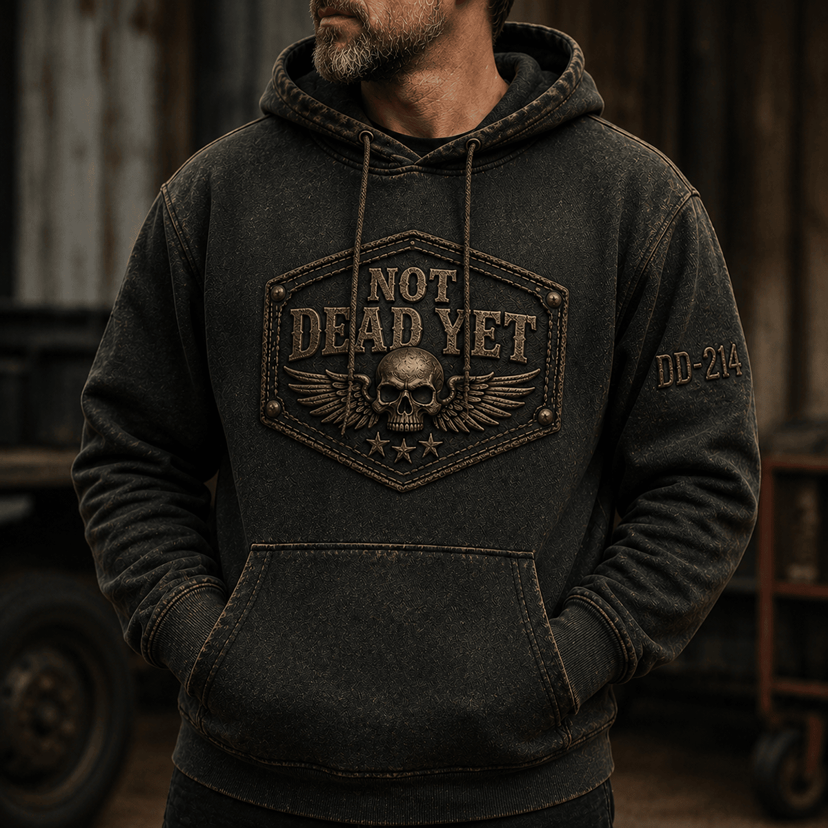 Not Dead Yet Printed Hoodie DD 214 Skull Wings Veteran Graphic Hooded Pullover Gift for Veteran Dad Grandpa Military Retired Service Member