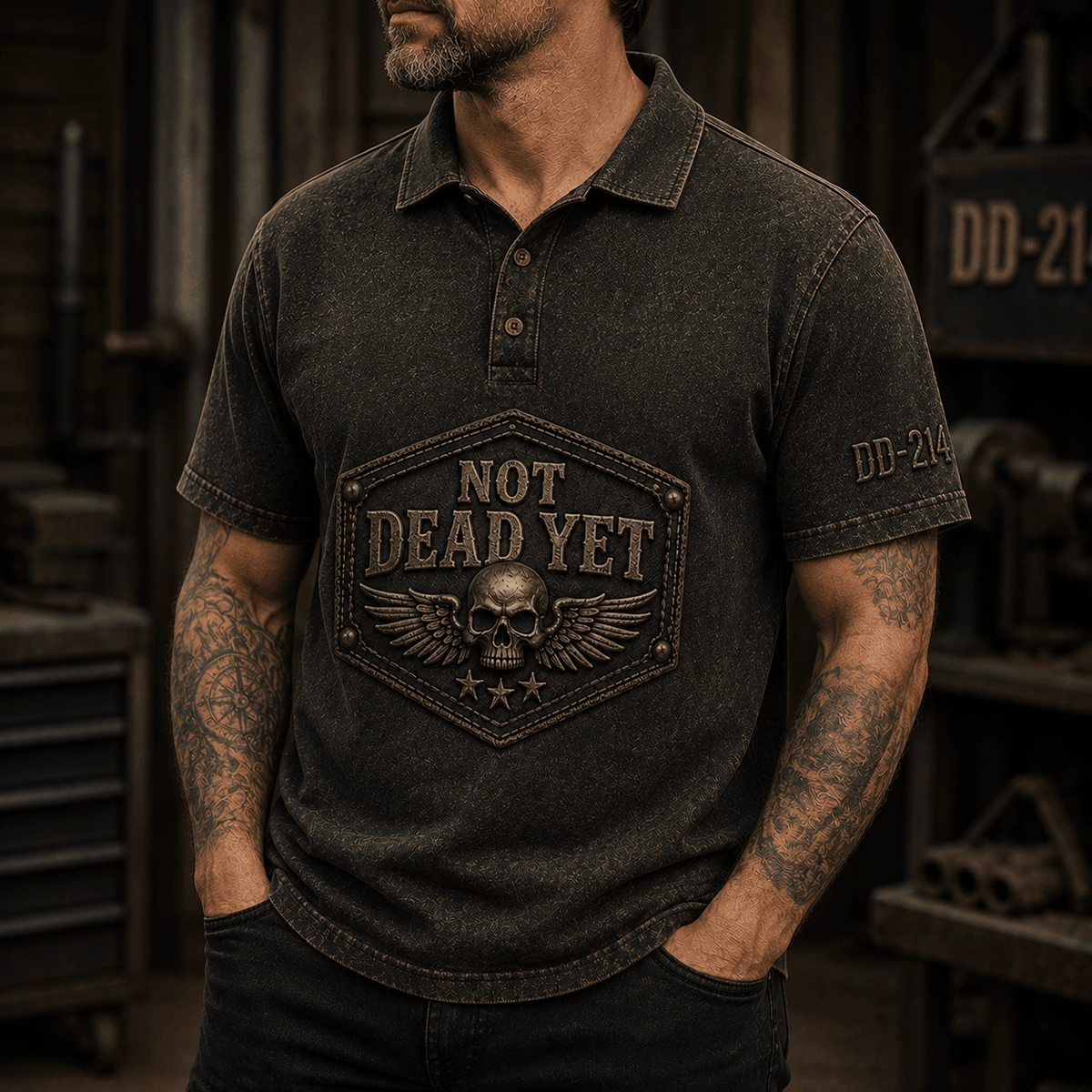 Not Dead Yet Printed Polo Shirt DD 214 Skull Wings Veteran Graphic Collared Shirt Gift for Veteran Dad Grandpa Military Retired Service Member