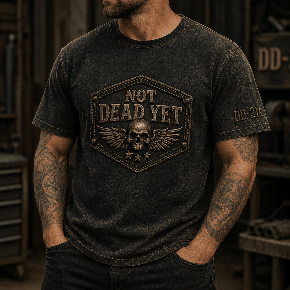 Not Dead Yet Printed T Shirt DD 214 Skull Wings Veteran Graphic Tee Gift for Veteran Dad Grandpa Military Retired Service Member