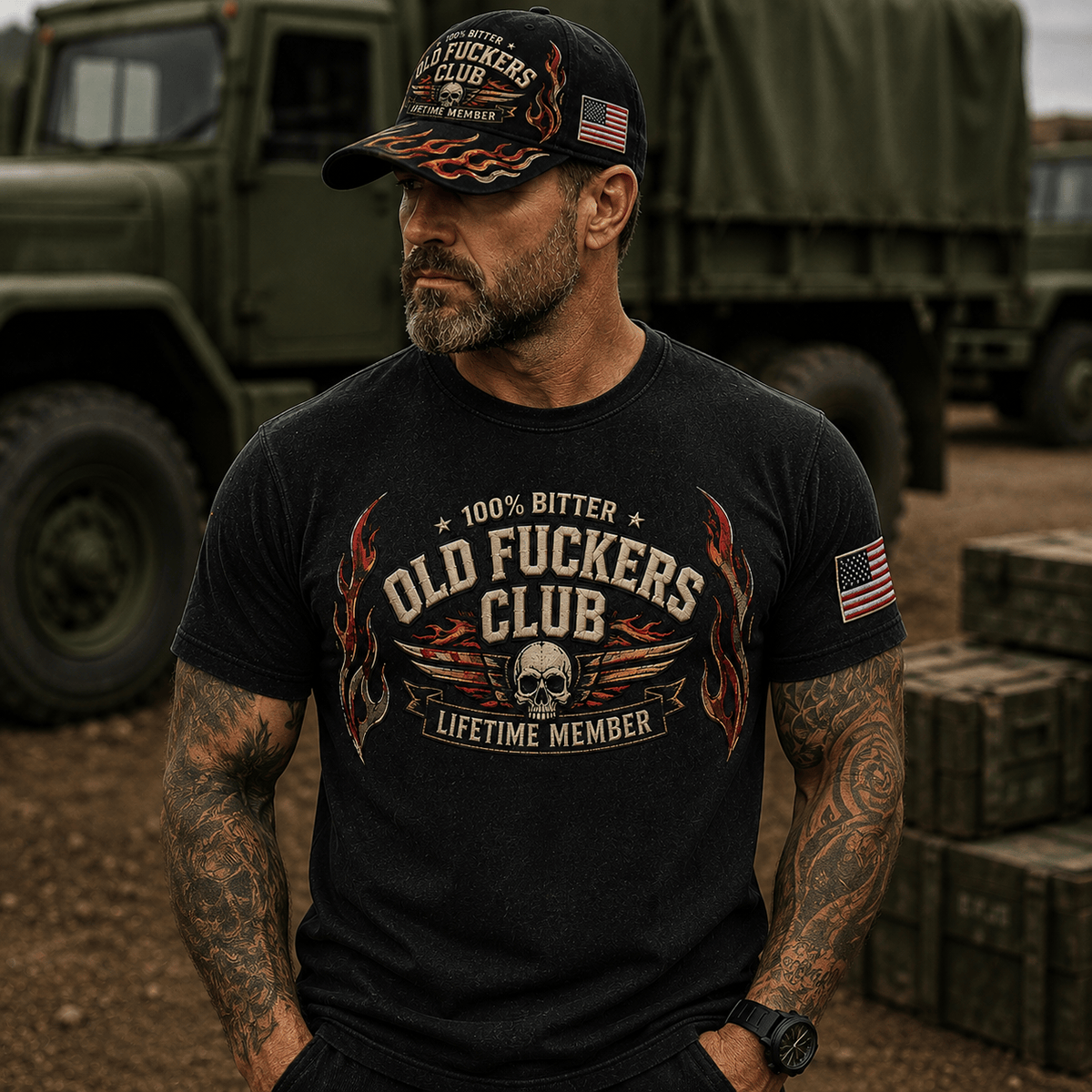 Bitter Old Fuckers Club Lifetime Member Printed T Shirt Skull Wings Flame Graphic Tee Biker Gift for Dad Grandpa Motorcycle Rider