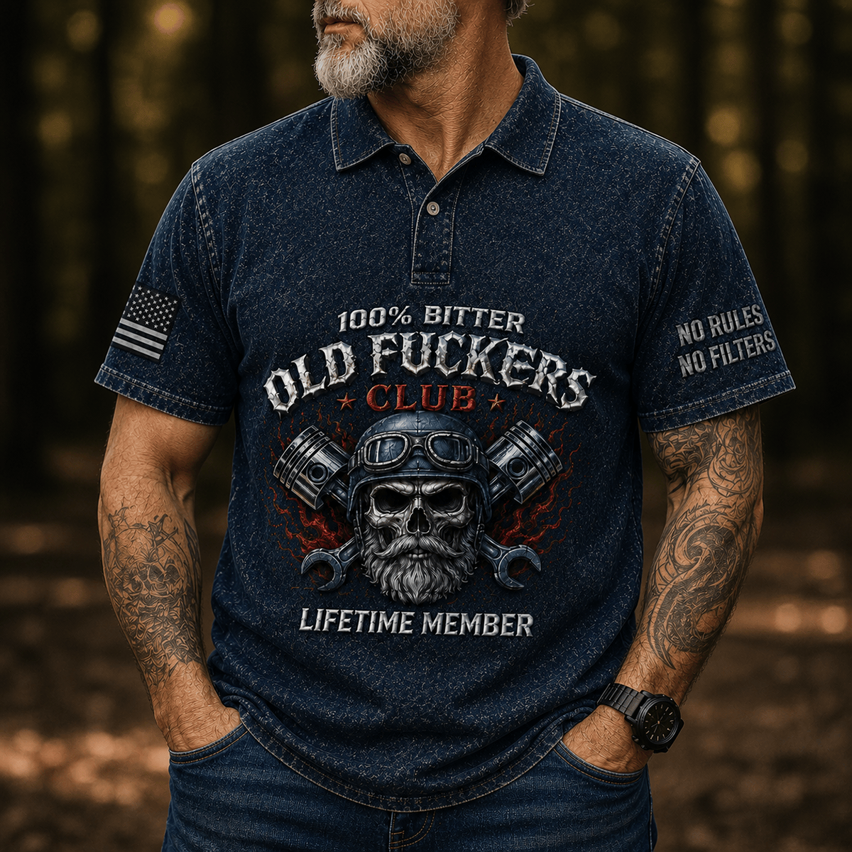 Bitter Old Fuckers Club Lifetime Member Printed Polo Shirt Biker Skull Mechanic Graphic Collared Shirt Funny Gift for Dad Grandpa Motorcycle