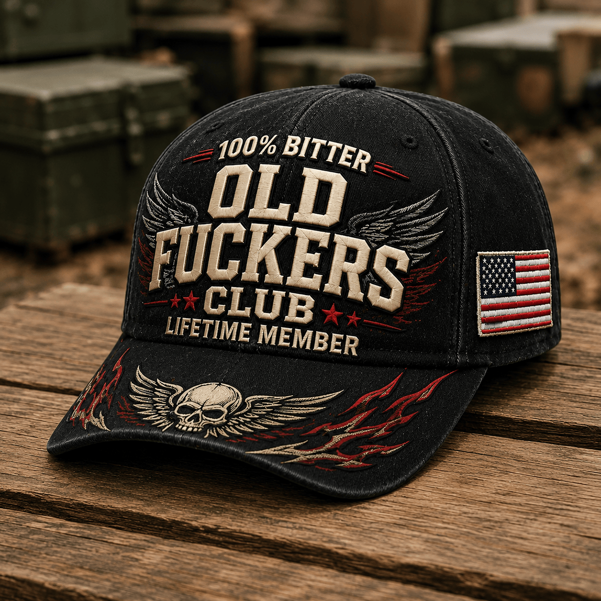 Bitter Old Fuckers Club Lifetime Member Printed Trucker Cap Skull Wings Graphic Veteran Biker Hat Funny Gift for Dad Grandpa