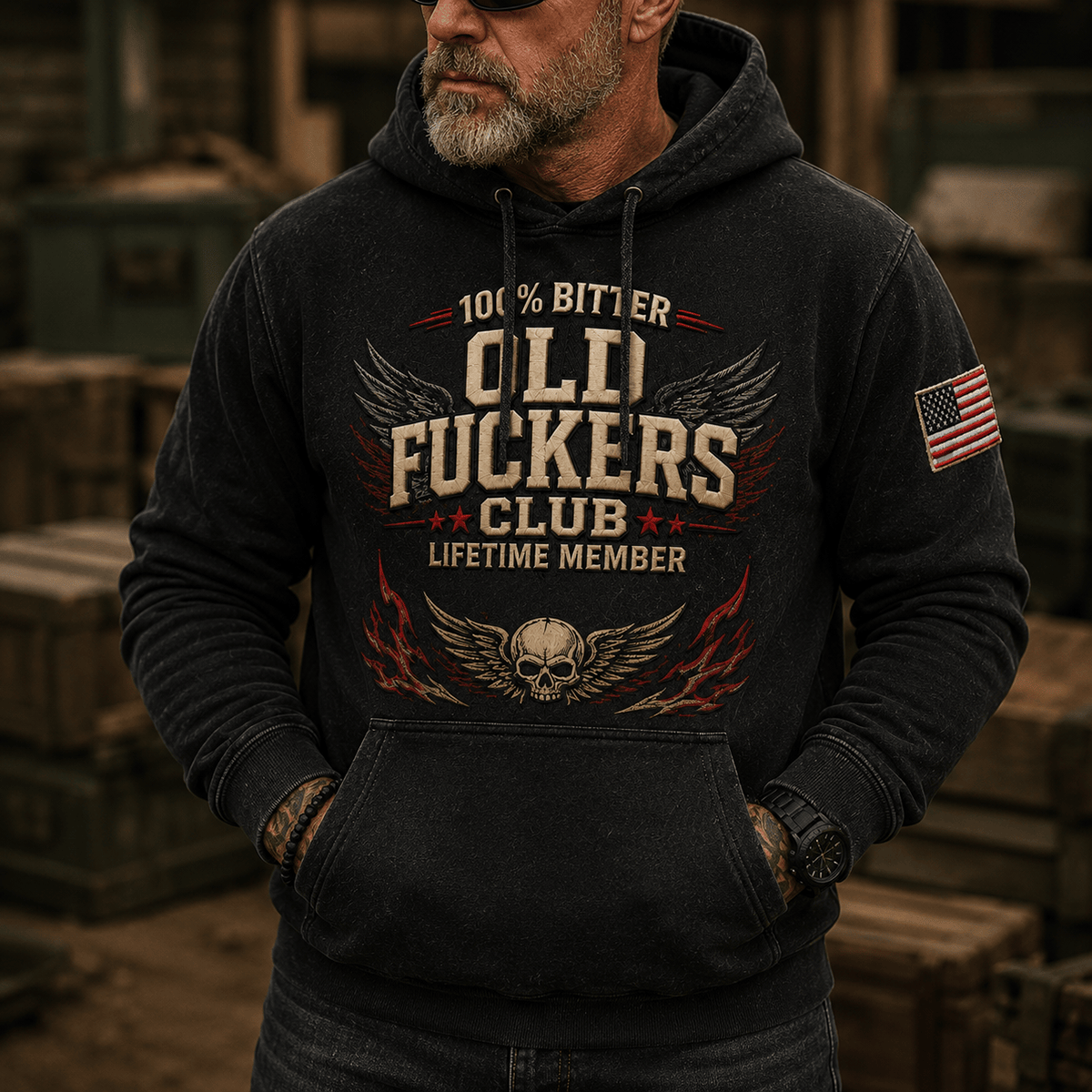 Bitter Old Fuckers Club Lifetime Member Printed Hoodie Skull Wings Graphic Pullover Hooded Sweatshirt Funny Gift for Dad Grandpa
