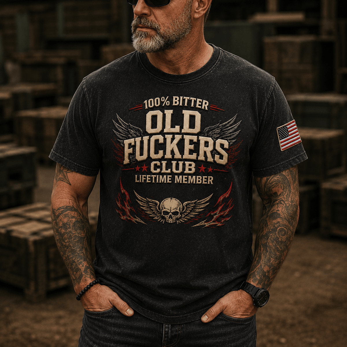 Bitter Old Fuckers Club Lifetime Member Printed T Shirt Skull Wings Graphic Tee Funny Gift for Dad Grandpa