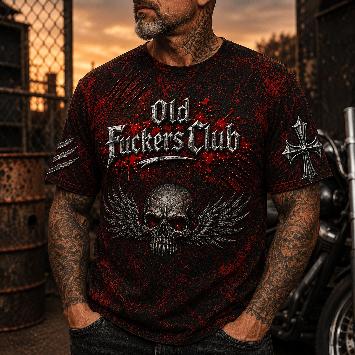 Old Fuckers Club Printed T Shirt Skull Wings Gothic Cross Graphic Tee Funny Biker Gift for Dad Grandpa Motorcycle Lovers