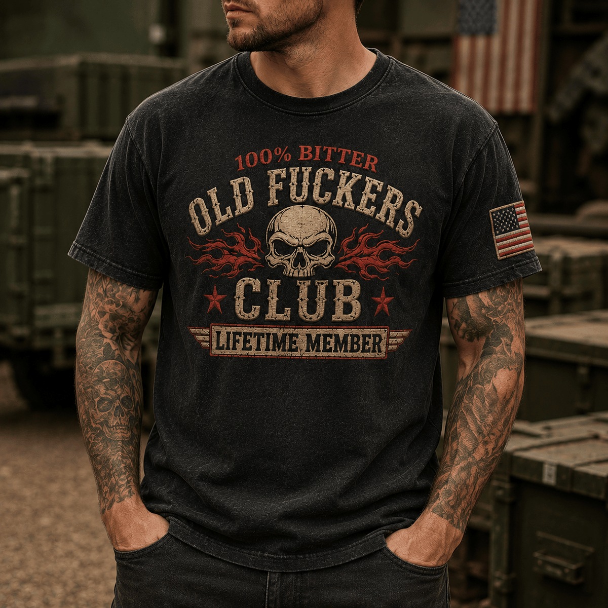Bitter Old Fuckers Club Lifetime Member Printed T Shirt Skull Flame Graphic Funny Veteran Gift for Dad Grandpa Biker