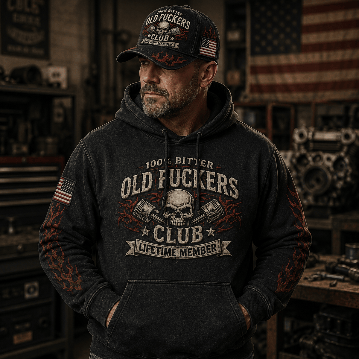 Old Fuckers Club Lifetime Member Printed Hoodie Skull Piston Graphic Pullover Hoodie Funny Mechanic Biker Veteran Gift for Men