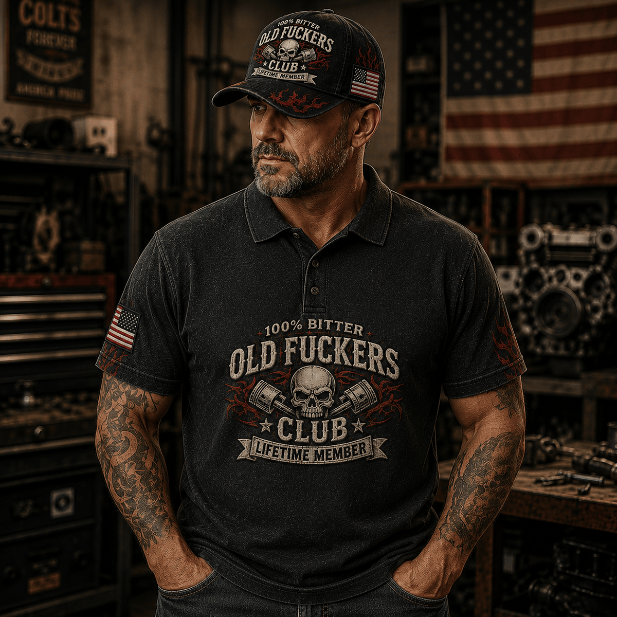Old Fuckers Club Lifetime Member Printed Polo Shirt Skull Piston Graphic Polo Shirt Funny Mechanic Biker Veteran Gift for Men