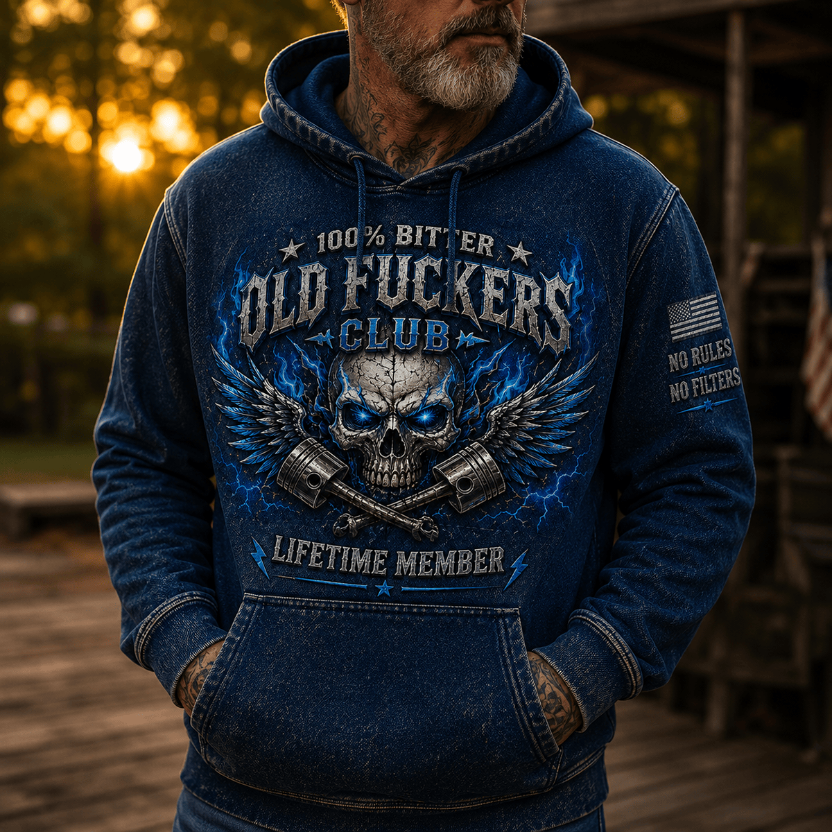 Old Fuckers Club Lifetime Member Printed Hoodie Skull Winged Piston Graphic Pullover Hoodie Funny Biker Mechanic Gift for Men