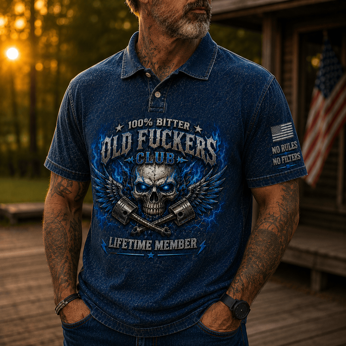 Old Fuckers Club Lifetime Member Printed Polo Shirt Skull Winged Piston Graphic Polo Shirt Funny Biker Mechanic Gift for Dad Men