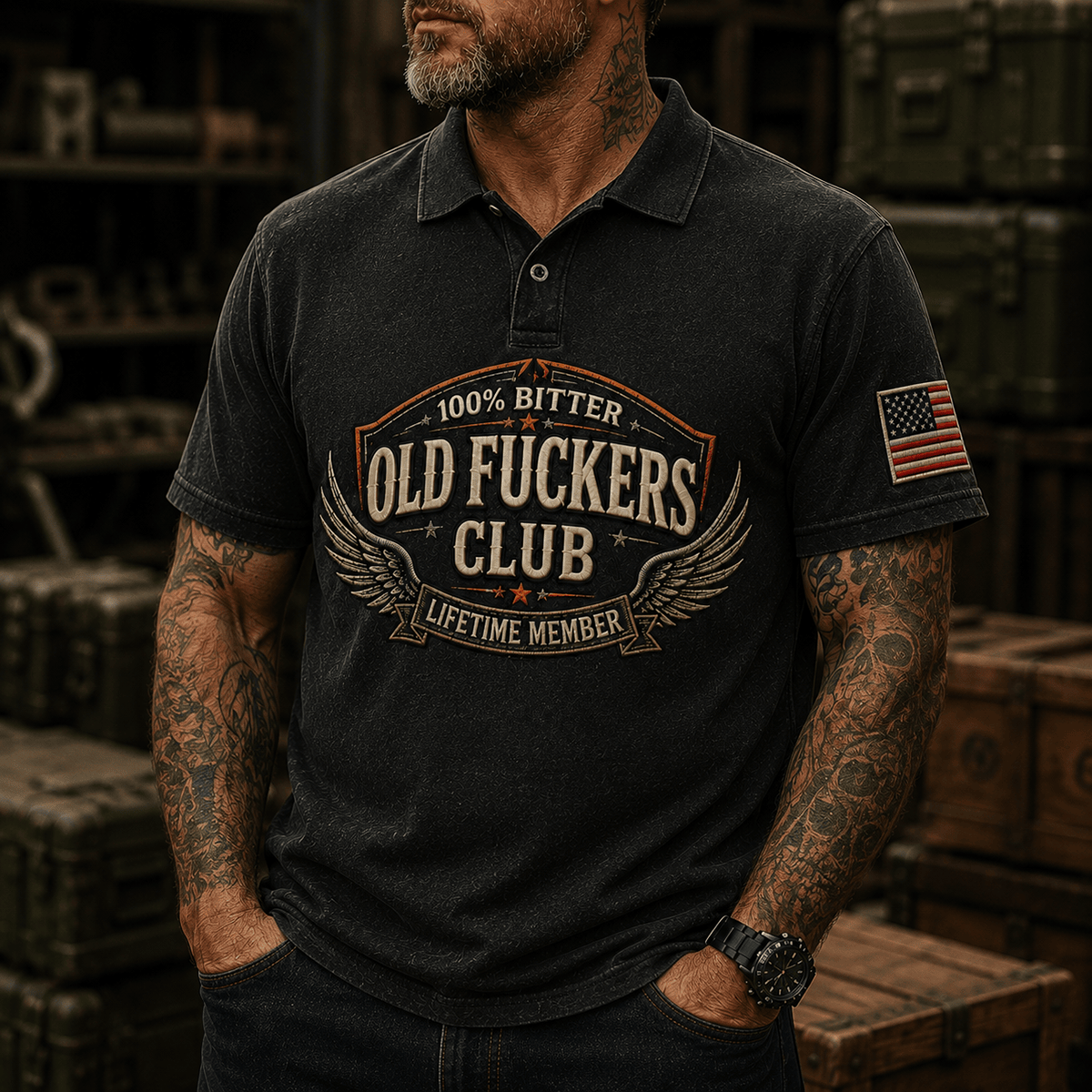 Old Fuckers Club Lifetime Member Printed Polo Shirt Winged Logo Graphic Polo Shirt Patriotic Biker Mechanic Gift for Dad Men