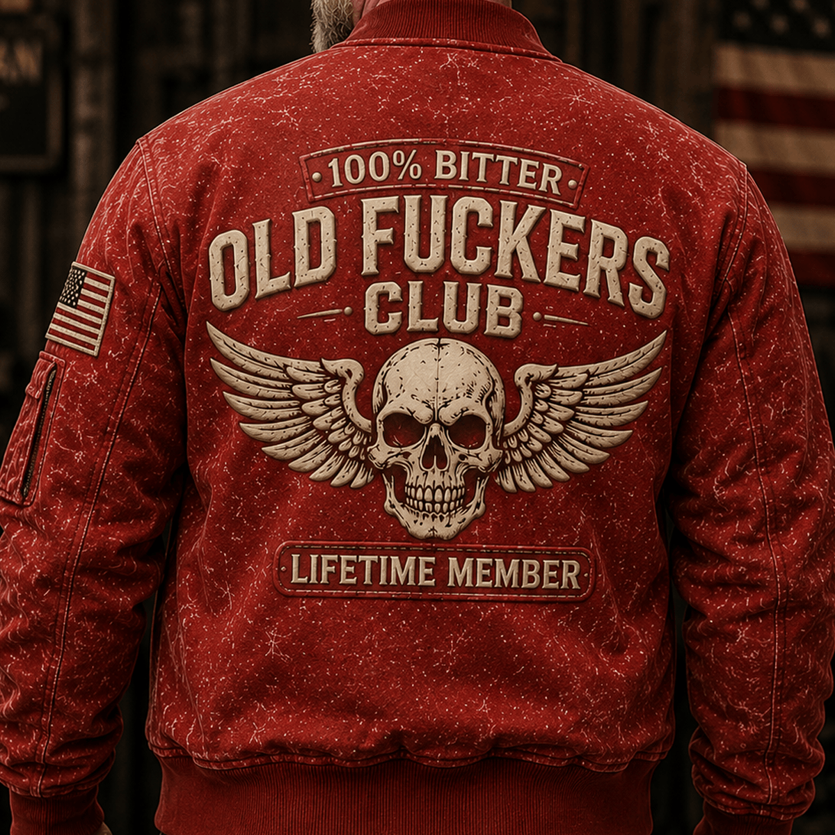 Bitter Old Fuckers Club Lifetime Member Printed Bomber Jacket Skull Wings Funny Old Man Gift for Dad Grandpa Biker