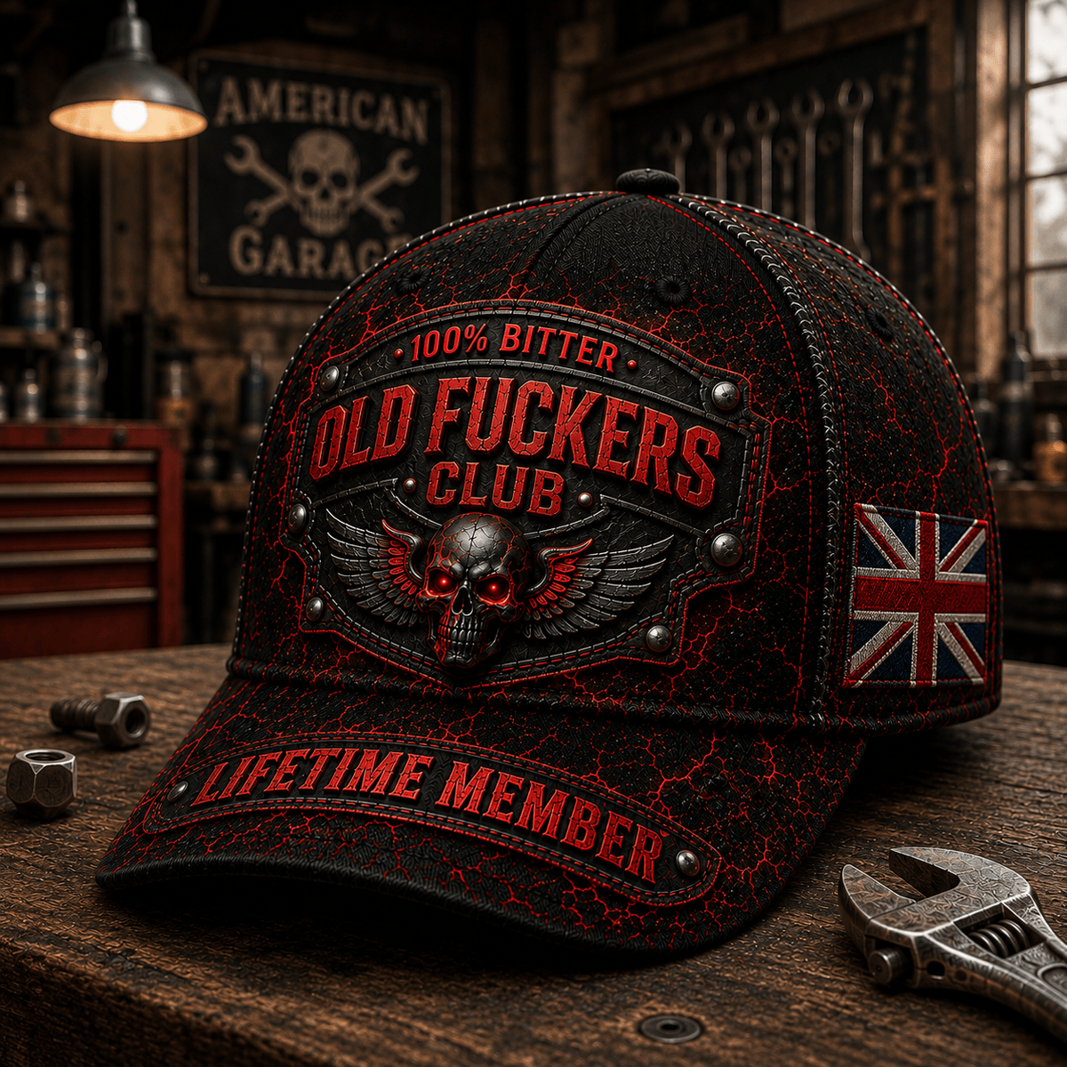 Bitter Old Fuckers Club Lifetime Member Skull Printed Cap Funny Old Man Baseball Cap UK Flag Dad Gift Grandpa Gift