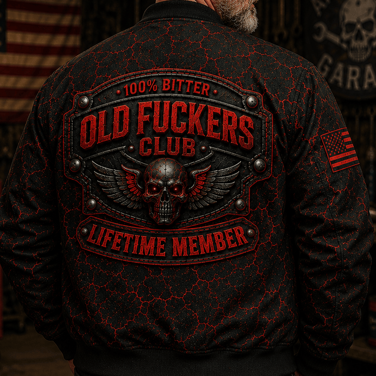 Bitter Old Fuckers Club Lifetime Member Skull Printed Bomber Jacket Funny Old Man Flight Bomber Jacket Dad Gift Grandpa Gift Vintage