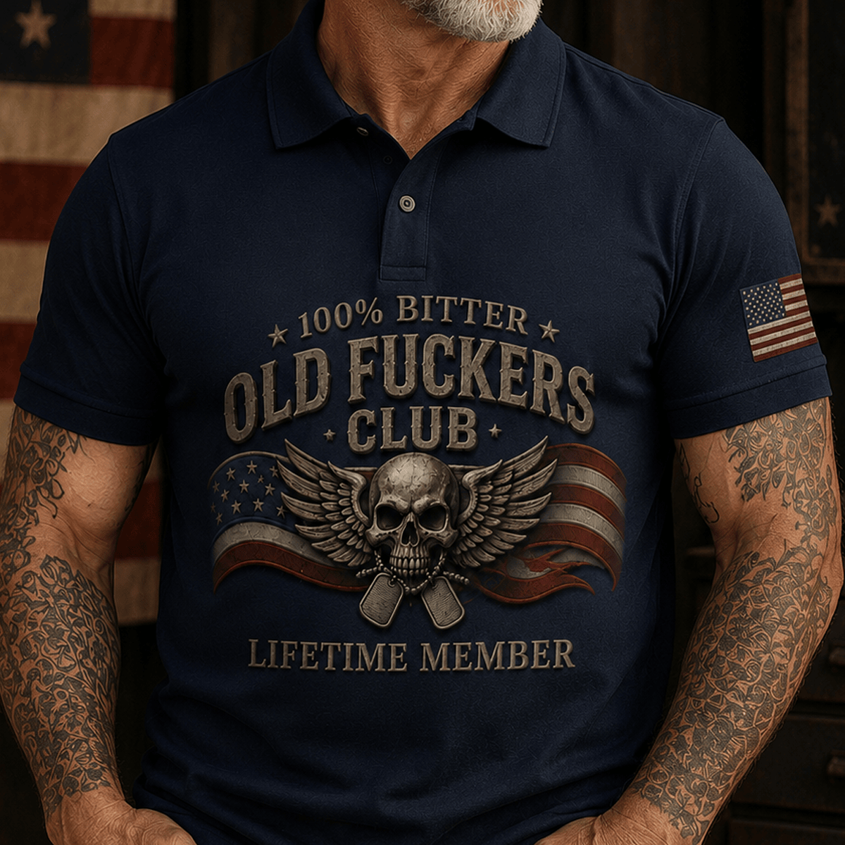 Bitter Old Fuckers Club Lifetime Member Skull Printed Polo Shirt Patriotic Veteran Golf Style USA Flag Gift