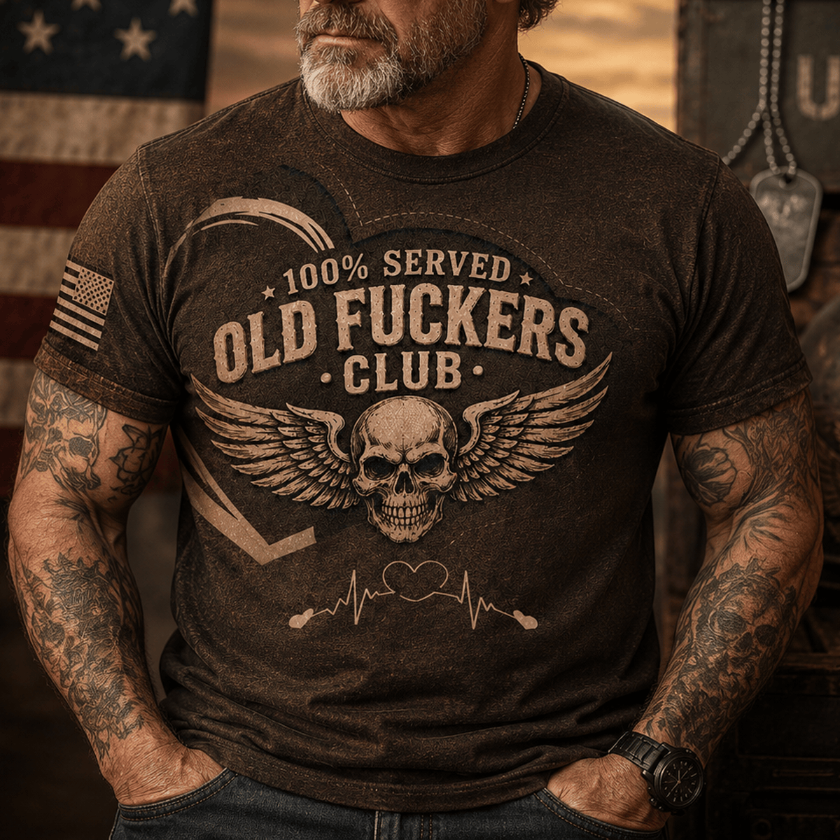 Served Old Fuckers Club Lifetime Member Skull Printed T Shirt Winged Skull Heartbeat Graphic Funny Gift for Men Dad Grandpa