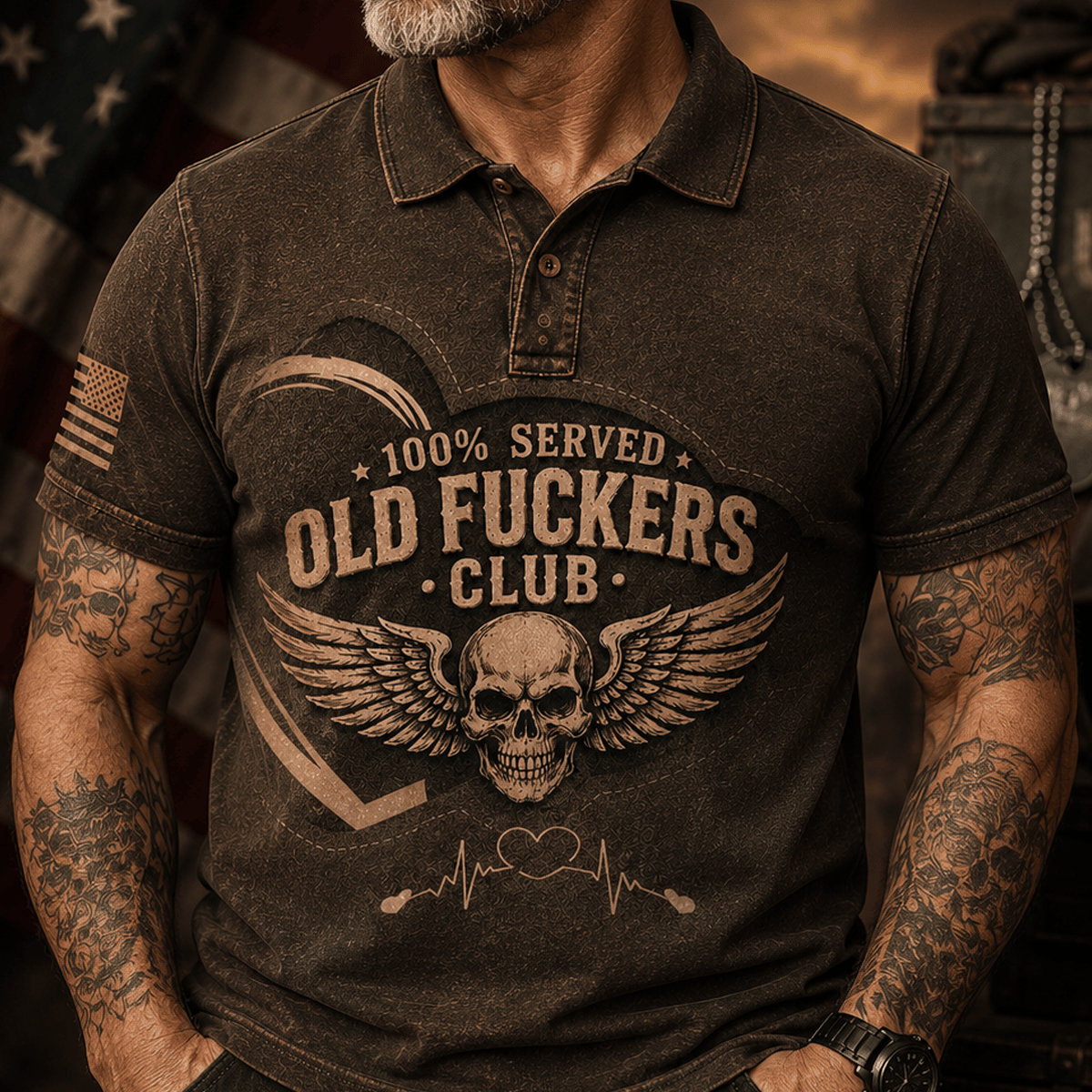 Served Old Fuckers Club Lifetime Member Skull Printed Polo Shirt Winged Skull Heartbeat Graphic Funny Gift for Men Dad Grandpa