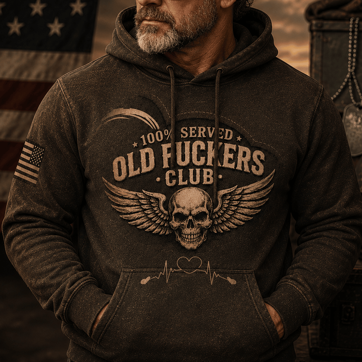 Served Old Fuckers Club Lifetime Member Skull Printed Hoodie Winged Skull Heartbeat Graphic Funny Gift for Men Dad Grandpa