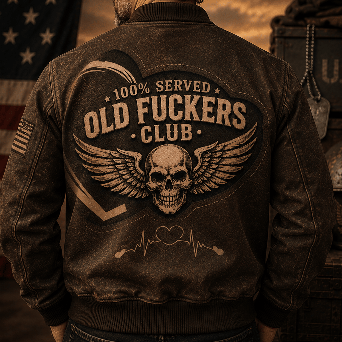 Served Old Fuckers Club Lifetime Member Skull Printed Bomber Jacket Winged Skull Heartbeat Graphic Funny Gift for Men Dad Grandpa