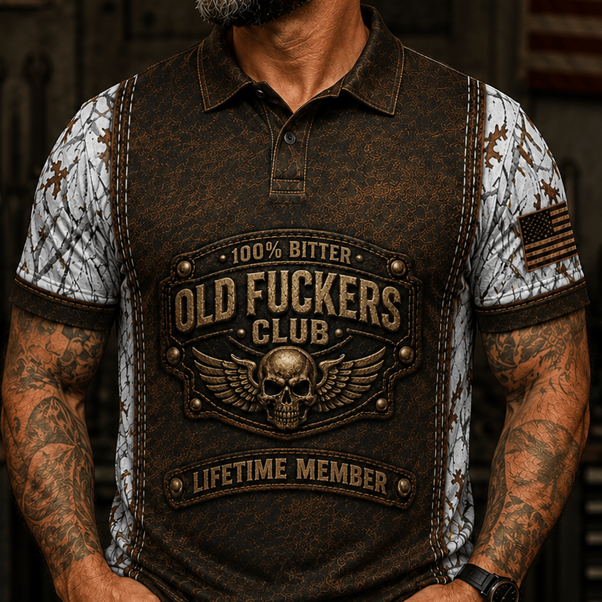 Bitter Old Fuckers Club Lifetime Member Printed Polo Shirt Skull Wing Graphic Gothic Skull Funny Gift for Men