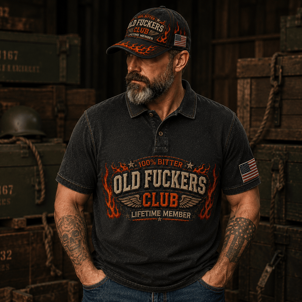 Old Fuckers Club Lifetime Member Printed Polo Shirt Funny Vintage Flame Graphic Aging Humor Novelty Gift for Men